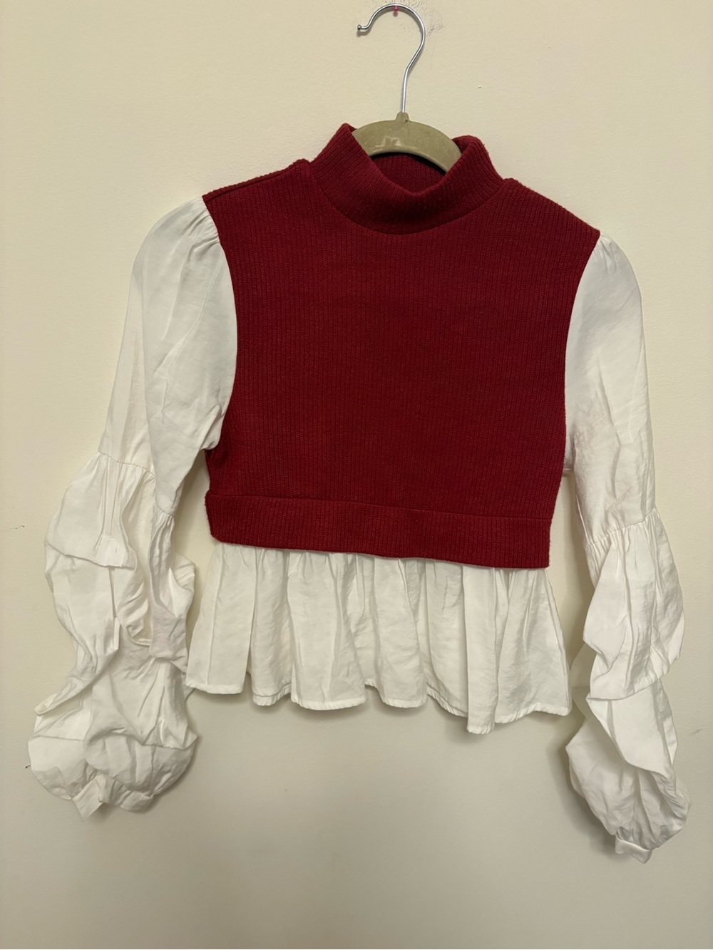 Anthropologie Mixed-Media Mock-Neck Top Red Ribbed Knit White Ruffle Sleeve XS